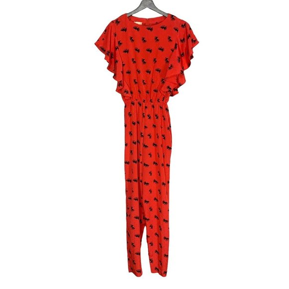 Vintage 80s Red Black Print Short Sleeve Flutter Jumpsuit Small - Picture 1 of 11